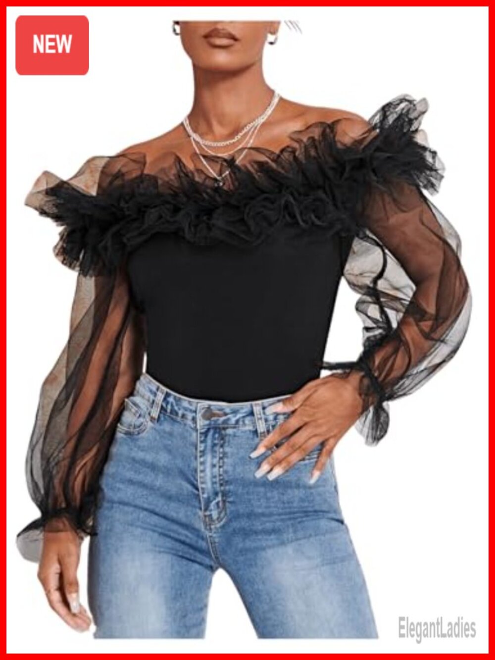 Ruffle Off Shoulder Blouse Mesh Puff Sleeve Fitted Tee - Picture 3 of 6
